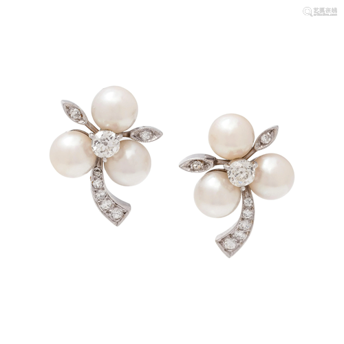 CULTURED PEARL AND DIAMOND EARCLIPS