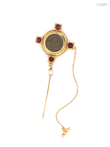 ANNABEL JONES, CAMEO, RUBY AND CULTURED PEARL STICKPIN