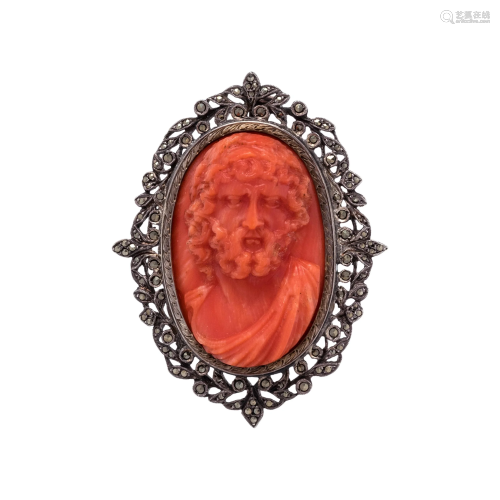 CORAL CAMEO AND MARCASITE PENDANT
