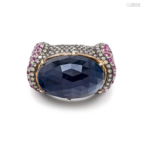 SAPPHIRE, RUBY AND DIAMOND RING