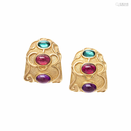 YELLOW GOLD, TOURMALINE AND AMETHYST EARCLIPS