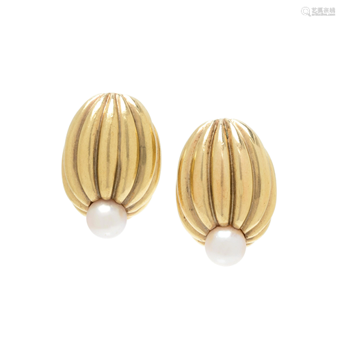 TIFFANY & CO., YELLOW GOLD AND CULTURED PEARL EARCLIPS