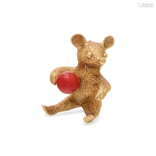 YELLOW GOLD AND CORAL BEAR BROOCH