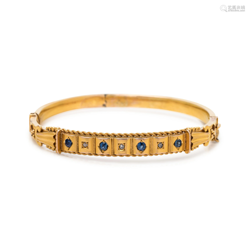 ANTIQUE, YELLOW GOLD, SAPPHIRE AND DIAMOND BANGLE