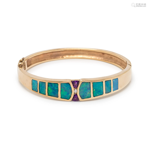 YELLOW GOLD, GEMSTONE AND DIAMOND BANGLE BRACELET