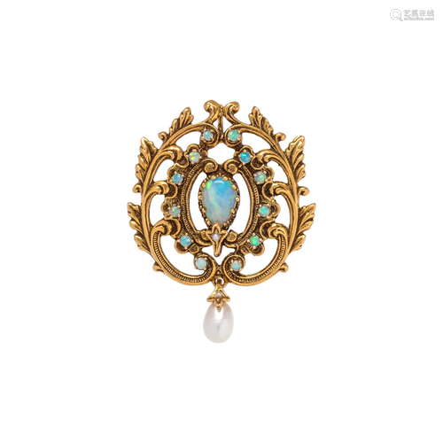 YELLOW GOLD, OPAL AND CULTURED PEARL PENDANT/BROOCH