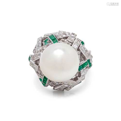 CULTURED SOUTH SEA PEARL, DIAMOND AND EMERALD RING