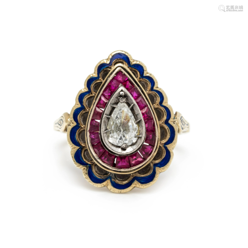 ANTIQUE, DIAMOND, RUBY AND ENAMEL RING