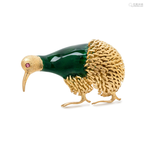 CORLETTO, YELLOW GOLD AND ENAMEL KIWI BROOCH