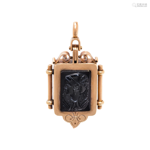 VICTORIAN, ROSE GOLD AND ONYX CAMEO PENDANT