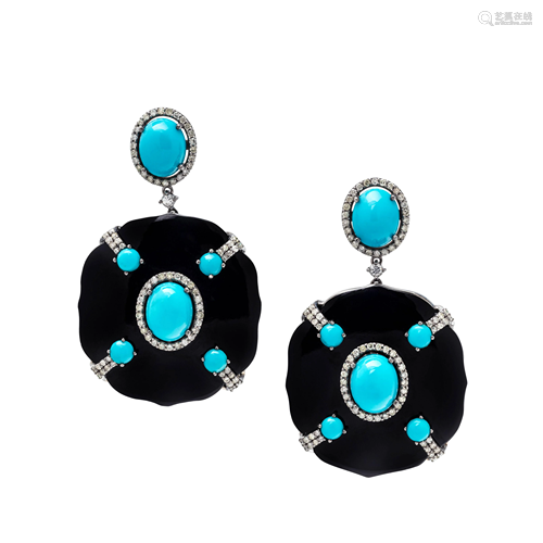 ONYX, TURQUOISE AND DIAMOND EARRINGS