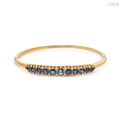 ANTIQUE, YELLOW GOLD, SAPPHIRE AND DIAMOND BANGLE