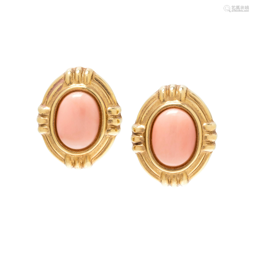 YELLOW GOLD AND ANGEL SKIN CORAL EARCLIPS