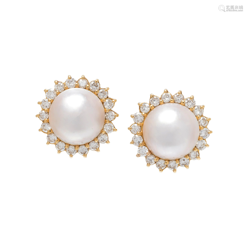 CULTURED MABE PEARL AND DIAMOND EARCLIPS