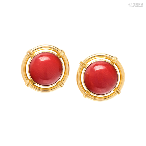 YELLOW GOLD AND CORAL EARCLIPS