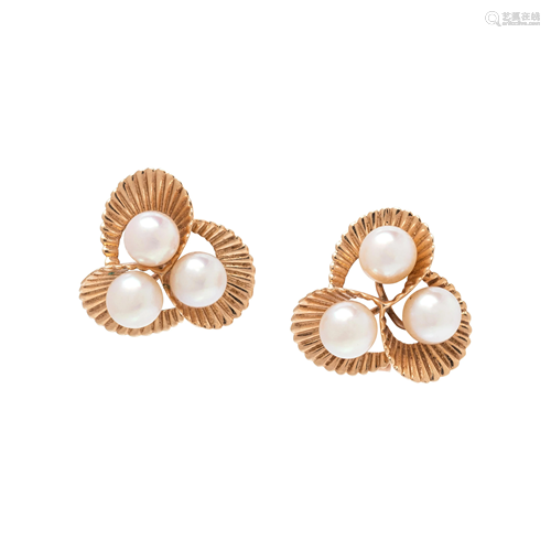 YELLOW GOLD AND CULTURED PEARL EARCLIPS