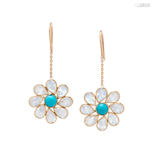 MOONSTONE AND TURQUOISE FLOWER EARRINGS