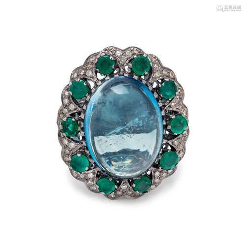 AQUAMARINE, EMERALD AND DIAMOND RING