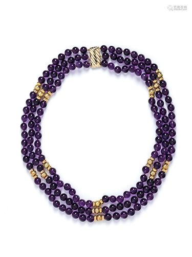 HONORA, YELLOW GOLD AND AMETHYST BEAD NECKLACE