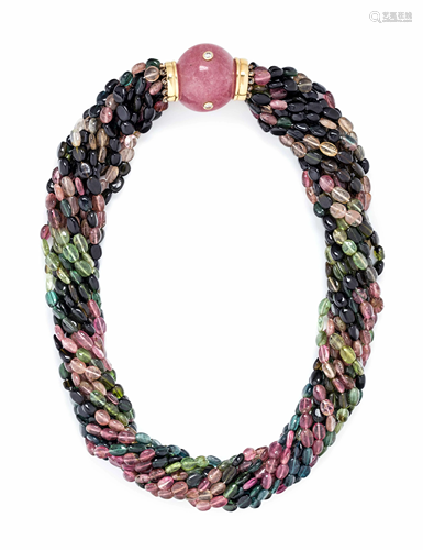 TOURMALINE, GLASS AND DIAMOND TORSADE NECKLACE