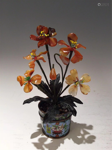 A HARD-STONES FLORAL BONSAI WITH CLOISONNE BASIN