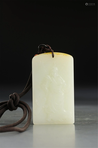 A CARVED GUAN-GONG JADE PENDANT