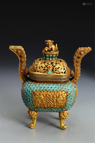 A HARD-STONES INLAID GILT BRONZE CENSER