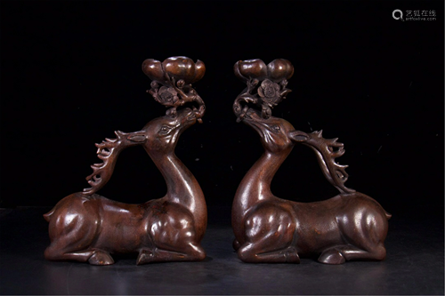 PAIR OF HARDWOOD CARVED DEER DECORATIONS