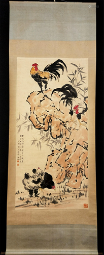 A CHINESE SCROLL PAINTING OF CHICKENS