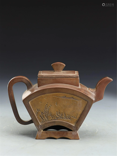 A FAN-SHAPED YIXING CLAY TEA POT