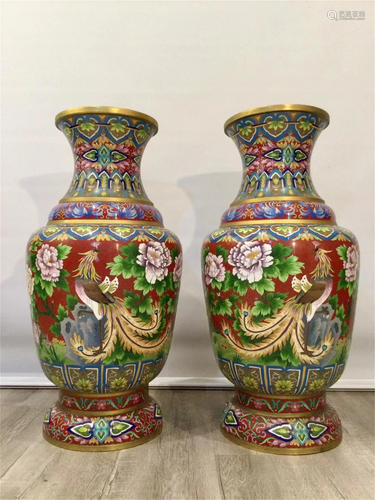 PAIR OF RED GROUND CLOISONNE ENAMEL VASES