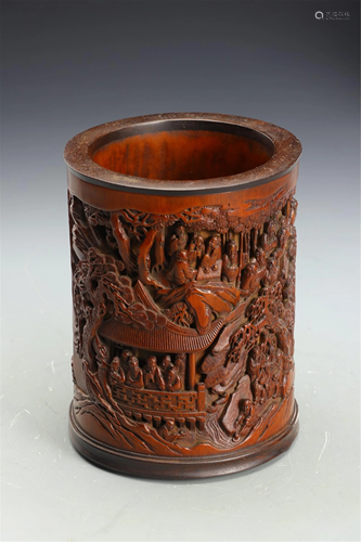 A BAMBOO LANDSCAPE-AND-FIGURES BRUSH POT