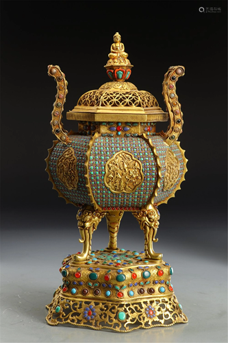 A HARD-STONES INLAID BRONZE GILT TRIPOD CENSER