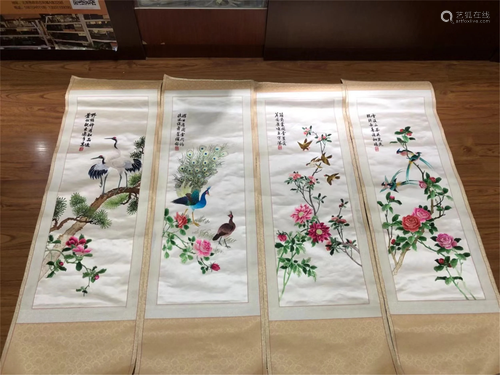 FOUR HUNAN EMBROIDERIES OF FLOWER-AND-BIRD