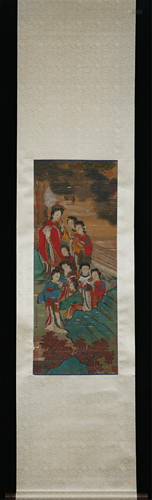 A CHINESE SILK SCROLL PAINTING OF FIGURES STORY