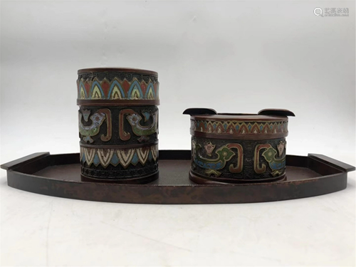 A SET OF CLOISONNE INLAID BRONZE SMOKING WARES