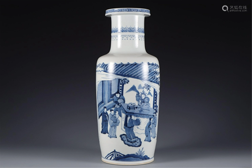 A BLUE AND WHITE FIGURES STORY VASE