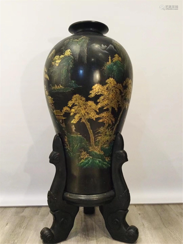 A POLYCHROME PAINTED LANDSCAPE-AND-FIGURES VASE