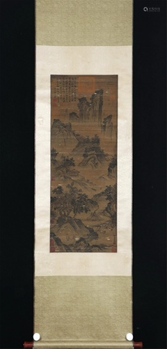 A CHINESE SILK PAINTING OF LANDSCAPE AND FIGURES