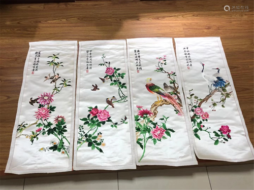 FOUR HUNAN EMBROIDERIES OF FLOWERS AND BIRDS