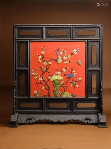 A HARD-STONES FLOWER-BIRD INLAID TABLE SCREEN