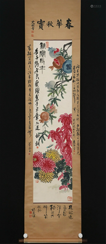 A CHINESE SCROLL PAINTING OF FLOWERS AND FRUITS