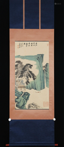 A CHINESE SCROLL PAINTING OF LANDSCAPE AND FIGURES