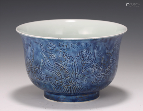 A BLUE GROUND INCISED FISH-AND-LOTUS BOWL