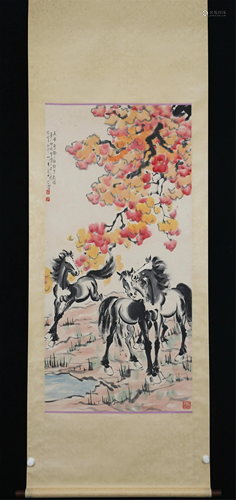 A CHINESE SCROLL PAINTING DEPICTING HORSES