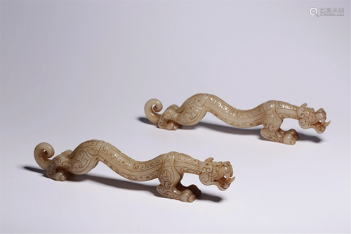 PAIR OF JADE CHI-DRAGON CARVINGS