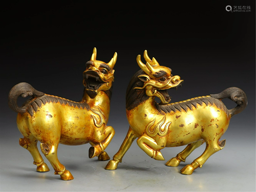 PAIR OF GILT BRONZE KYLIN DECORATIONS