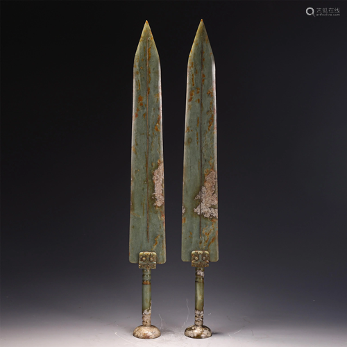 PAIR OF JADE CARVED SWORDS