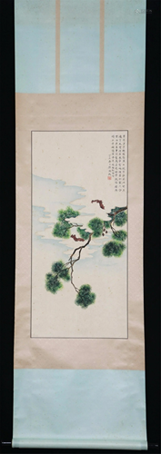 A CHINESE SCROLL PAINTING OF BATS AND PINE TREE