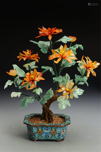 A HARD-STONES FLORAL BONSAI WITH CLOISONNE BASIN